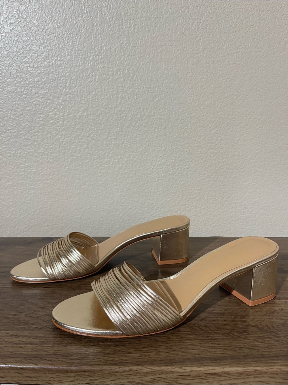 Reformation Gold Metallic Block Heel Slide Sandals